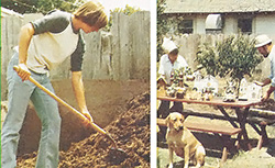 LEFT: The Westmoreland's son shoveling compost. RIGHT: Setting up a table of ceramics crafts.